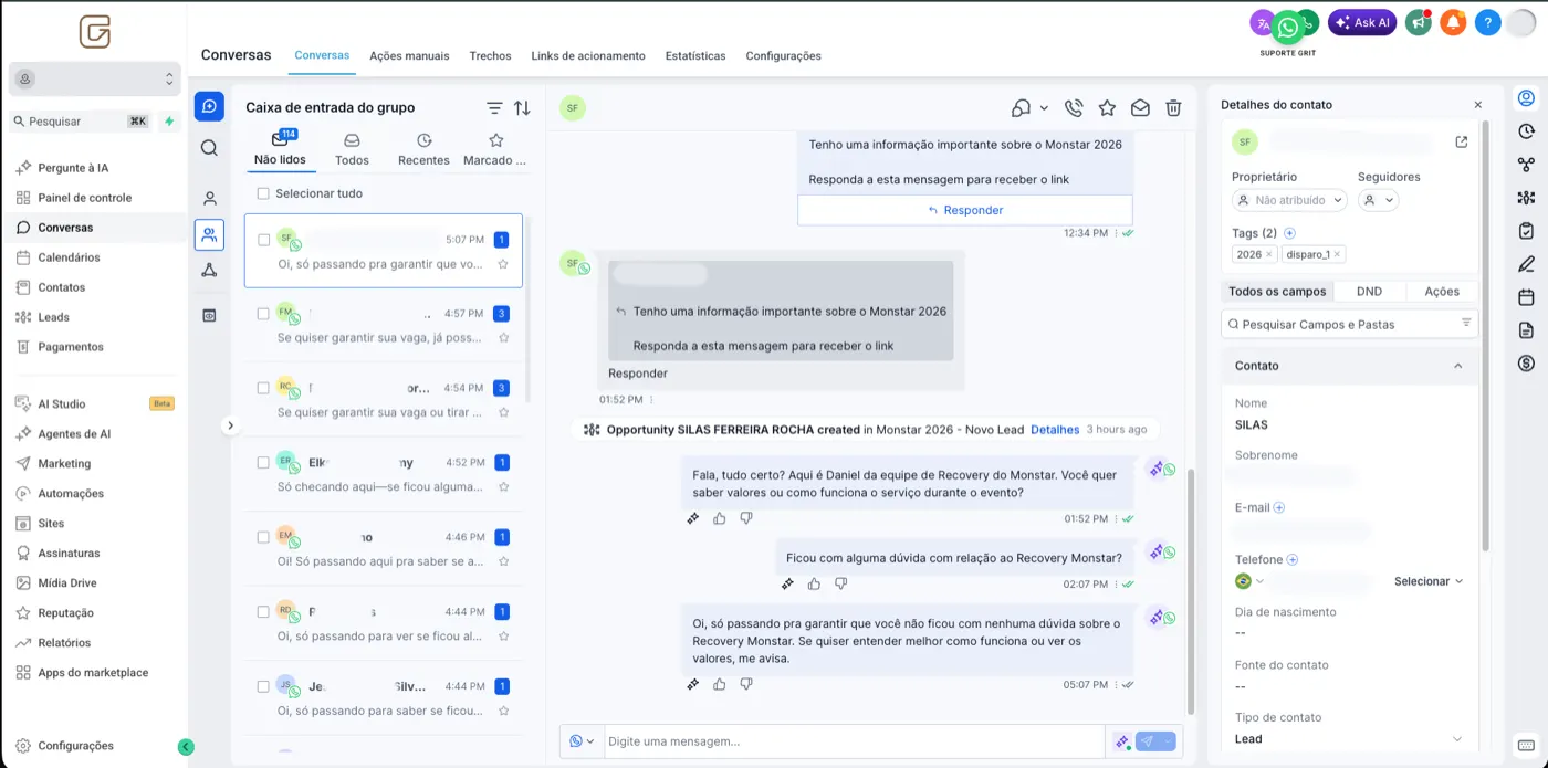 Inbox de conversas do GRIT CRM