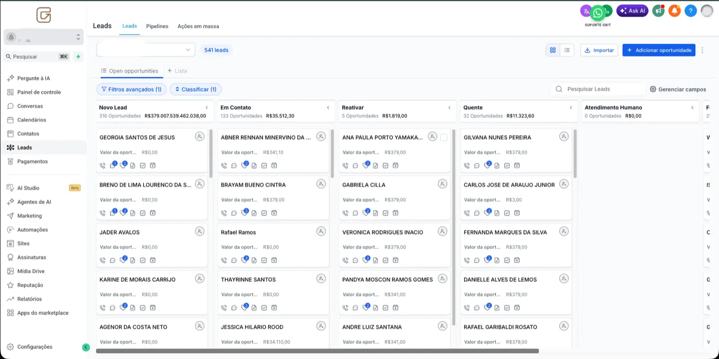 Pipeline de vendas do GRIT CRM